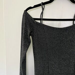 Express black shimmer off the shoulder mini dress